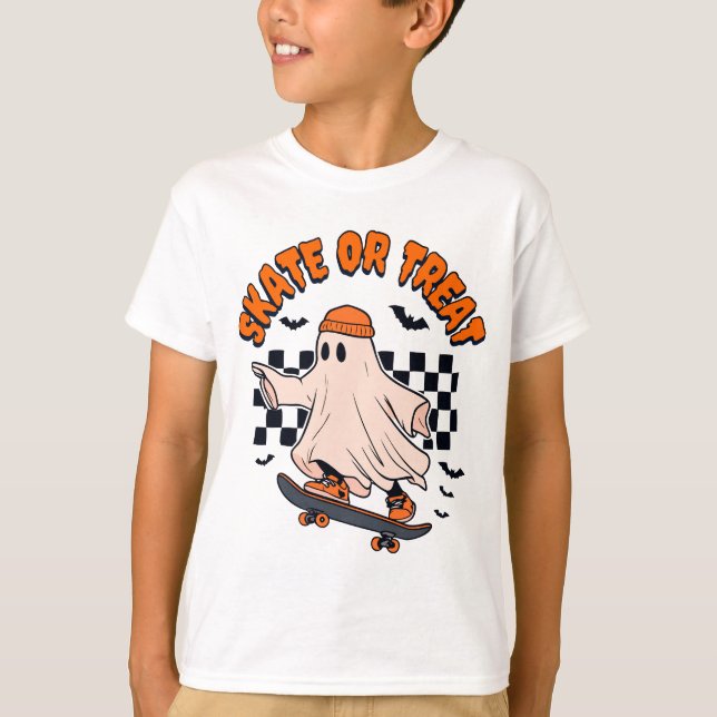 Skate or Treat Ghost Halloween T-Shirt (Front)