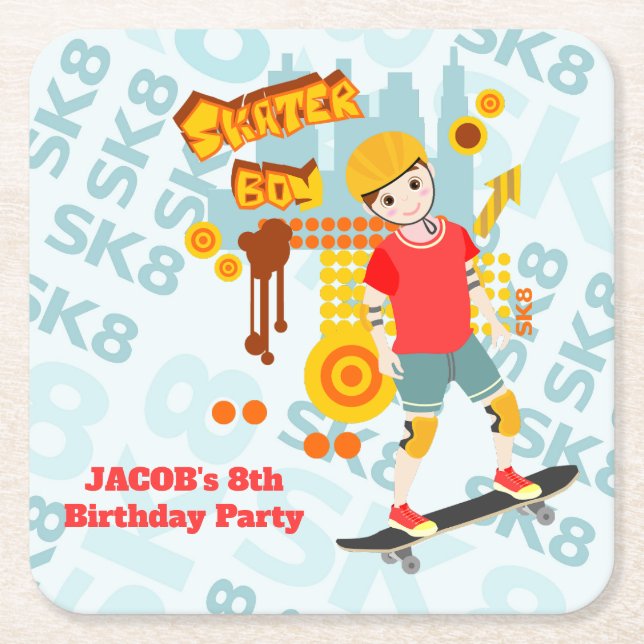 Skate Park Fun Boy Birthday Party Square Paper Coaster (Front)