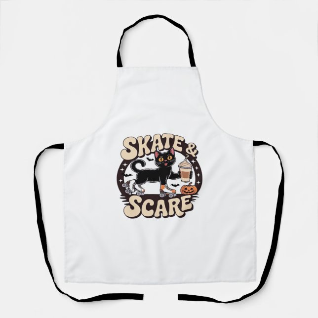 Skate & Scare – Cute Black Cat Roller Skating Over Apron (Front)
