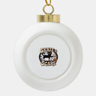 Skate & Scare – Cute Black Cat Roller Skating Over Ceramic Ball Christmas Ornament