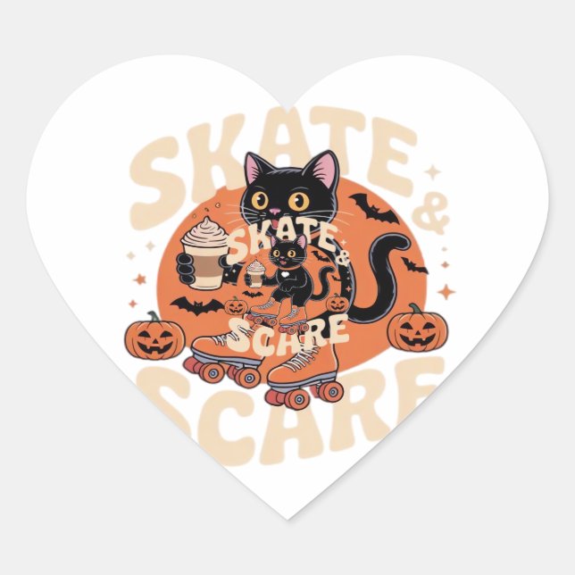 Skate & Scare � Cute Black Cat Roller Skating Over Heart Sticker (Front)