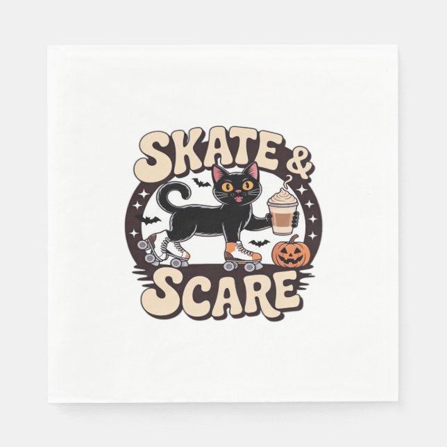 Skate & Scare – Cute Black Cat Roller Skating Over Napkin (Front)