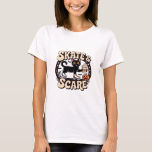 Skate & Scare � Cute Black Cat Roller Skating Over T-Shirt