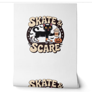 Skate & Scare – Cute Black Cat Roller Skating Over Wallpaper