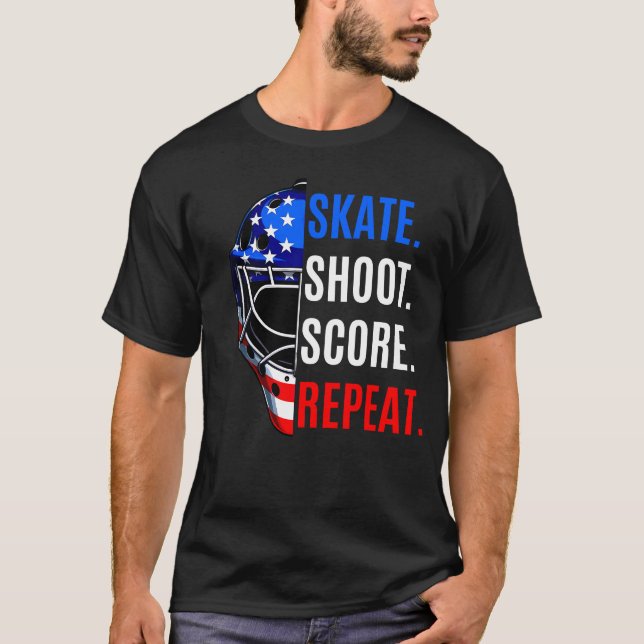 Skate Shoot Score Repeat Hockey 4th of  July T-Shirt (Front)