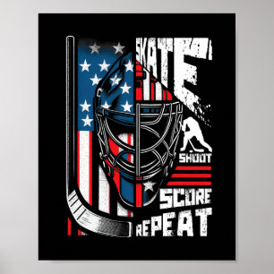 Skate Shoot Score Repeat Ice Hockey American Flag Poster
