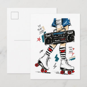Skate With Music Boombox Rollerskates Retro Postcard