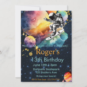 Skateboard Birthday, Astronaut Birthday, Space  Invitation