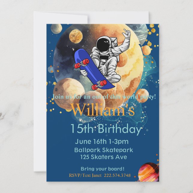 Skateboard Birthday, Astronaut Birthday, Space  Invitation (Front)