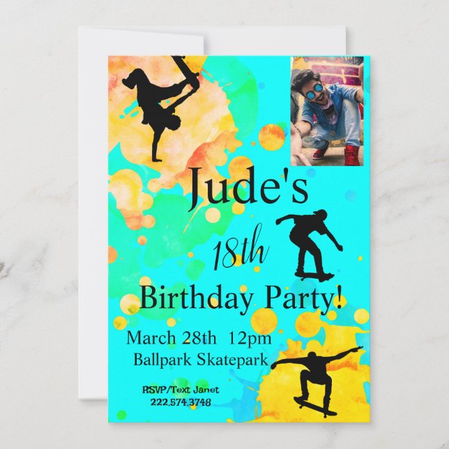 Skateboard Birthday Photo Invitation Any Age (Front)