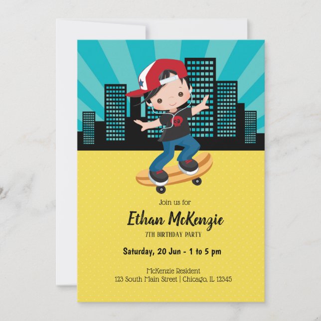 Skateboard boy - choose your background colour invitation (Front)