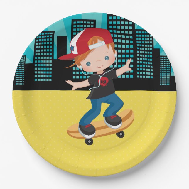 Skateboard boy - choose your background colour paper plate (Front)