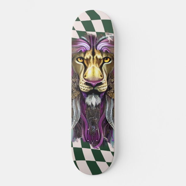 Skateboard Chequered Retro green purple Lion (Front)