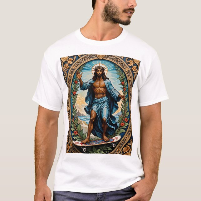 Skateboard Jesus Sacred Art Funny Religious T-Shir T-Shirt (Front)
