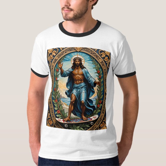 Skateboard Jesus Sacred Icon Art Graphic Tee (Front)