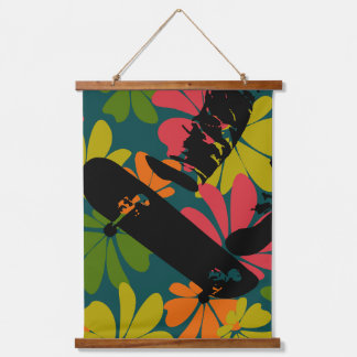 Skateboard Jump 60s Floral Teal Brite Hanging Tapestry