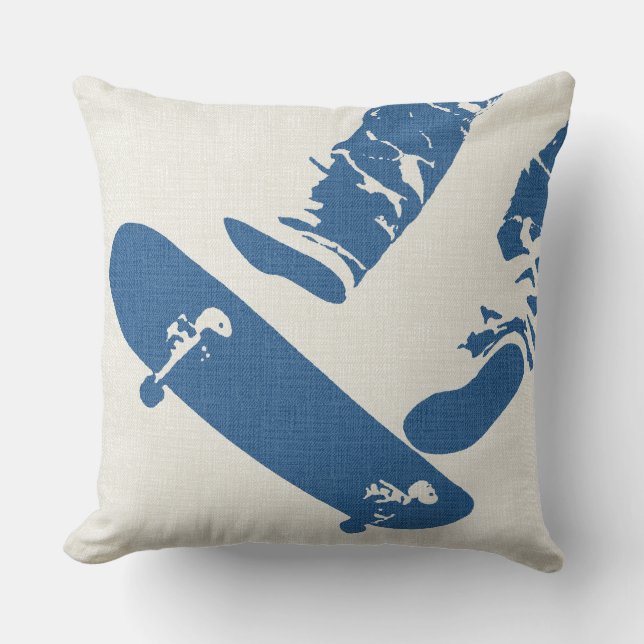 Skateboard Jump – Urban Blue & White Denim Look Cushion (Front)