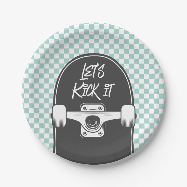 Skateboard Let's Kick It Birthday Paper Plates (Front)