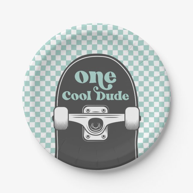 Skateboard One Cool Dude Birthday Paper Plates (Front)