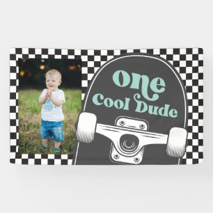 Skateboard One Cool Dude Birthday Photo  Banner