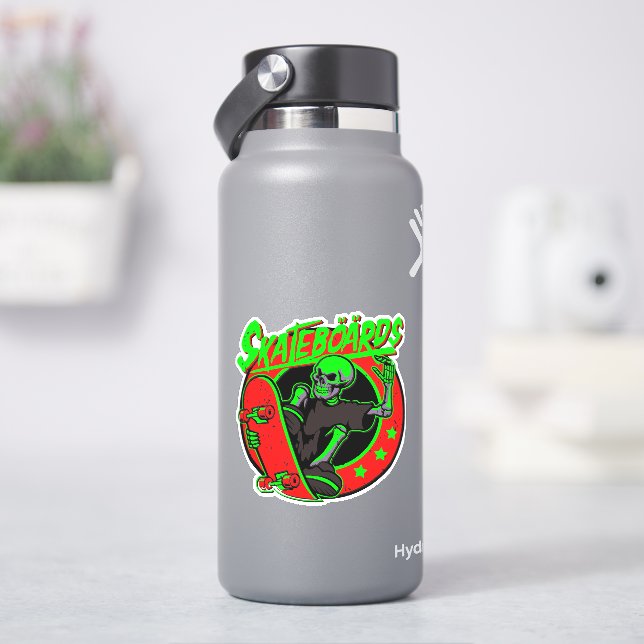 Skateboard Skeleton Red Green 4" Kiss Cut Vinyl (HydroFlask)