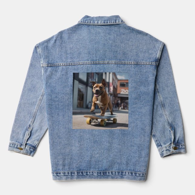 Skateboard Stunt: A Staffy on the Move Denim Jacket (Back)