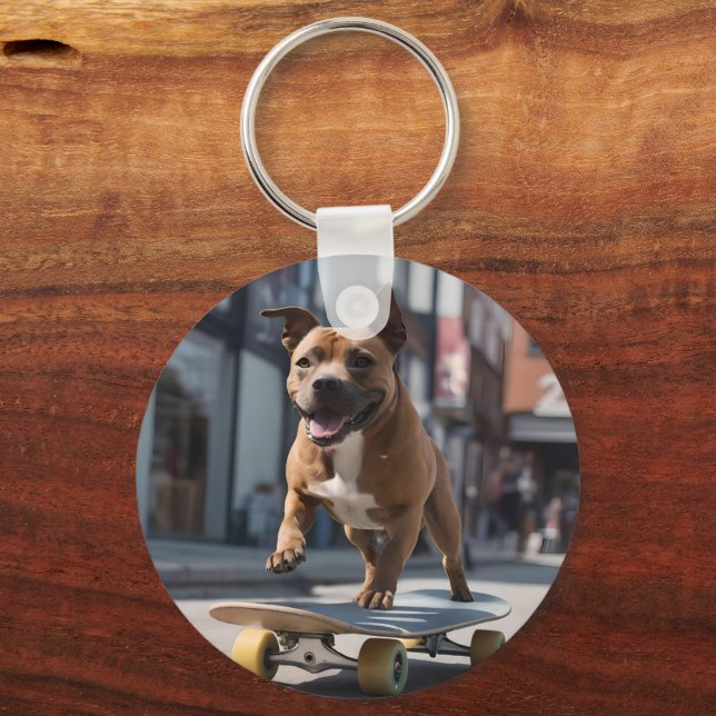 Skateboard Stunt: A Staffy on the Move Key Ring (Back)