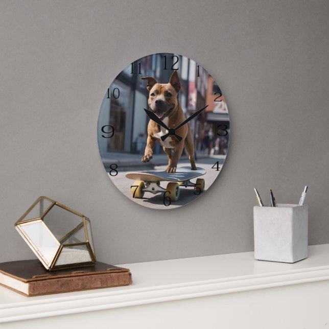 Skateboard Stunt: A Staffy on the Move Large Clock (Office)