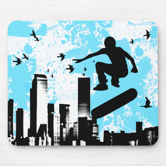 skateboard with birds. blk&teal. mouse pad (Front)
