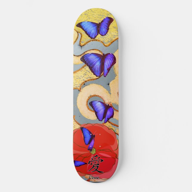 SKATEBOARD WITH BUTTERFLIES AND POPPY KANJI LOVE (Front)