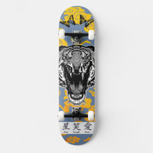 SKATEBOARD WITH JAPANESE TIGER AND YELLOW CLOUDS