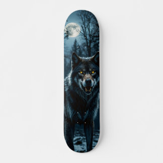 Skateboard Wolf in Night Forest with Moon