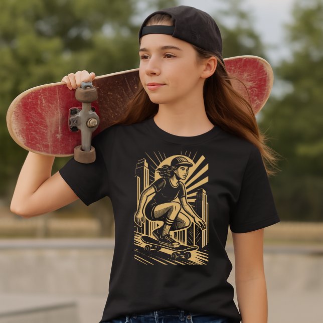Skateboarder Girl In Retro Art Deco Gold Style T-Shirt (Creator Uploaded)