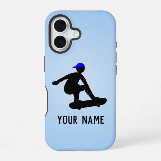 Skateboarder guy doing Tricks - cool blue custom iPhone 16 Case (Back)