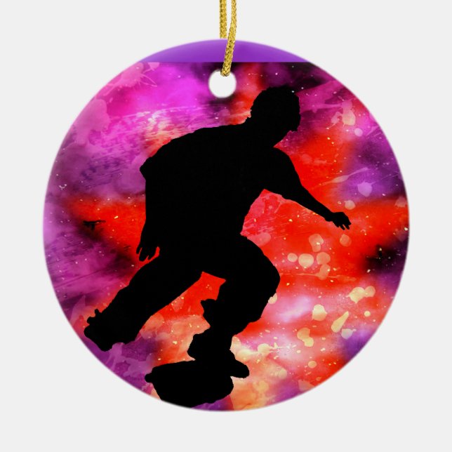 Skateboarder in Cosmic Clouds Ceramic Tree Decoration (Front)