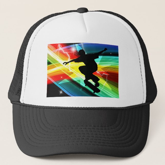 Skateboarder in Criss Cross Lightning Trucker Hat (Front)