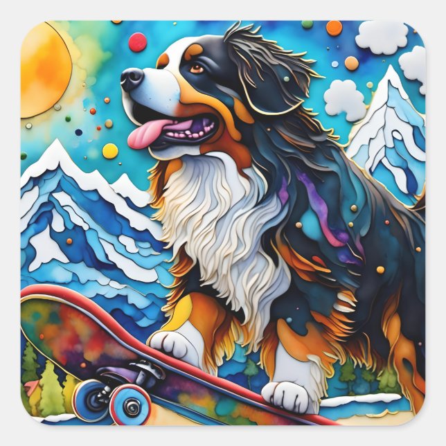 Skateboarding Bernese Mountain Dog Square Sticker (Front)