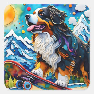Skateboarding Bernese Mountain Dog Square Sticker
