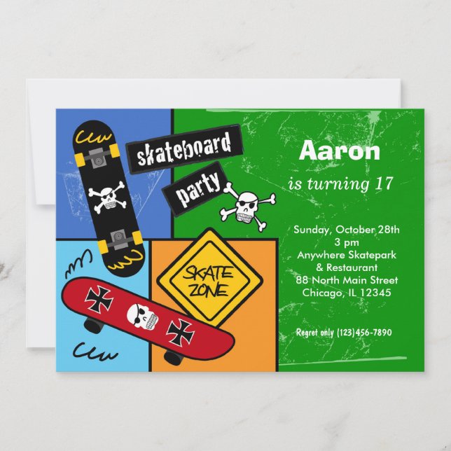 Skateboarding Birthday (Green) Invitation (Front)