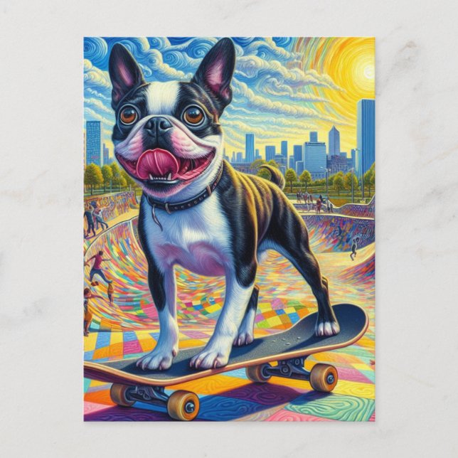 Skateboarding Boston Terrier Colourful Fun Surreal Postcard (Front)