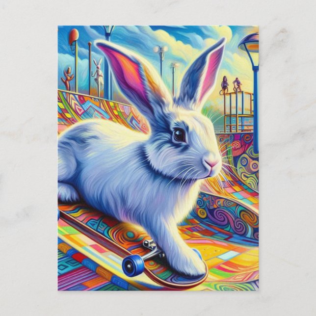 Skateboarding Bunny Surreal Colourful and Fun Postcard (Front)