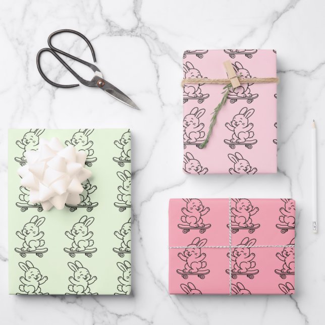 Skateboarding Bunny Wrapping Paper Sheet (Front)