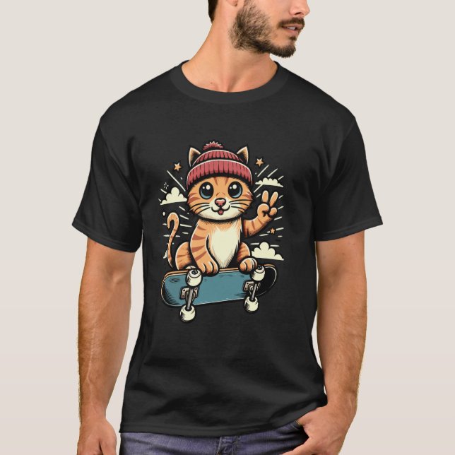 Skateboarding Cat Cool T-Shirt (Front)