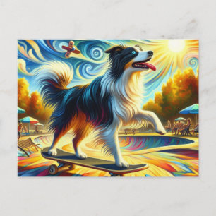 Skateboarding Colourful Tri-Colour Border Collie Postcard