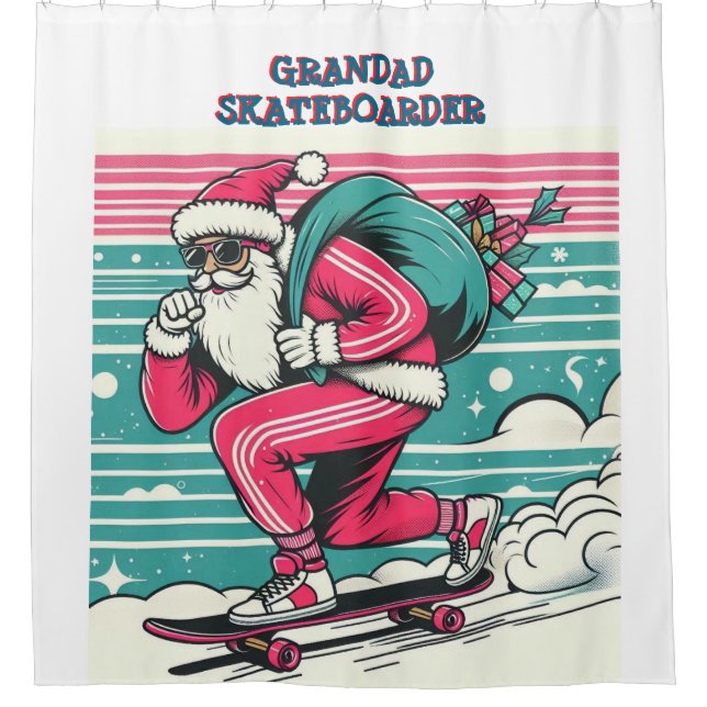 Skateboarding father christmas shower curtain (Front)
