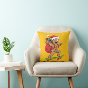 Skateboarding Gingerbread Man Delivering Christmas Cushion