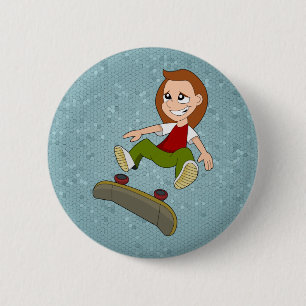 Skateboarding girl cartoon button