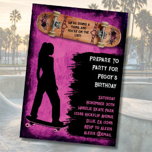 Skateboarding Girl Skater Birthday Invitations