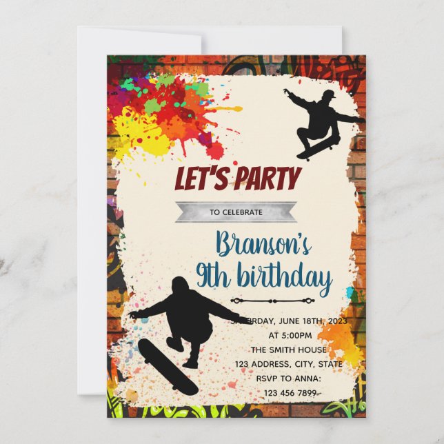 Skateboarding graffiti birthday party invitation (Front)