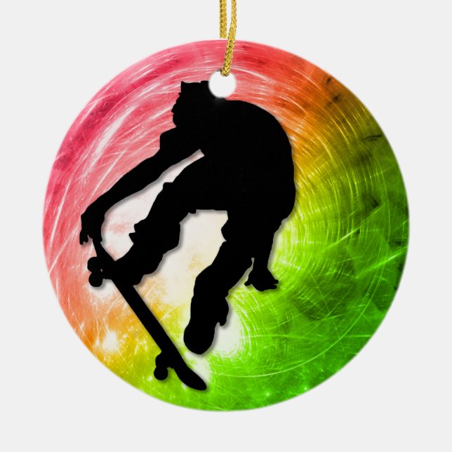 Skateboarding in a Psychedelic Cyclone Ceramic Tree Decoration (Front)